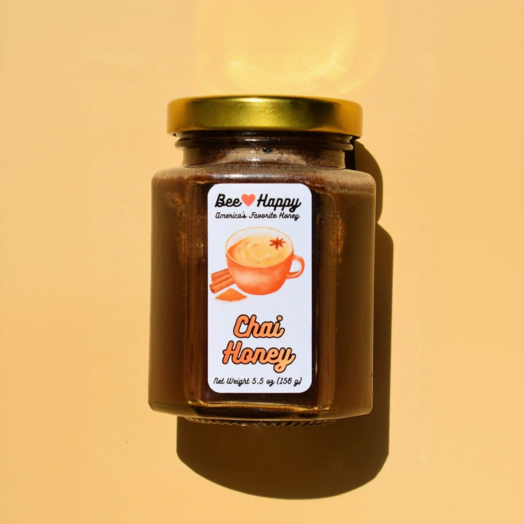 a 5.5 oz jar of Chai Honey on a beige background