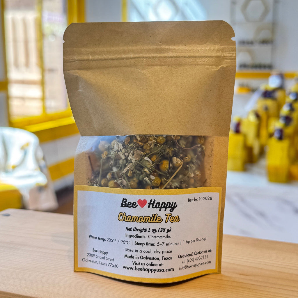 1 oz bag of chamomile tea on a wooden surface