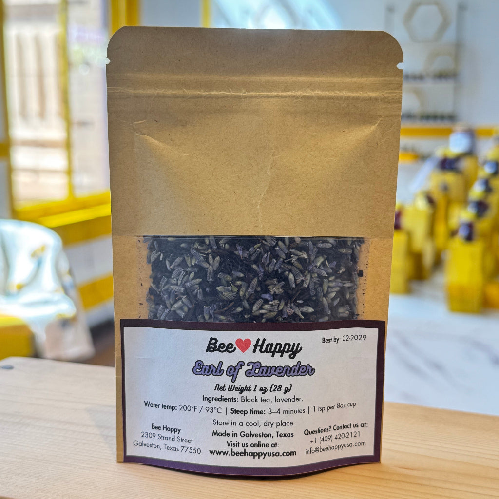 1 oz bag of Earl of Lavender tea on a wooden surface