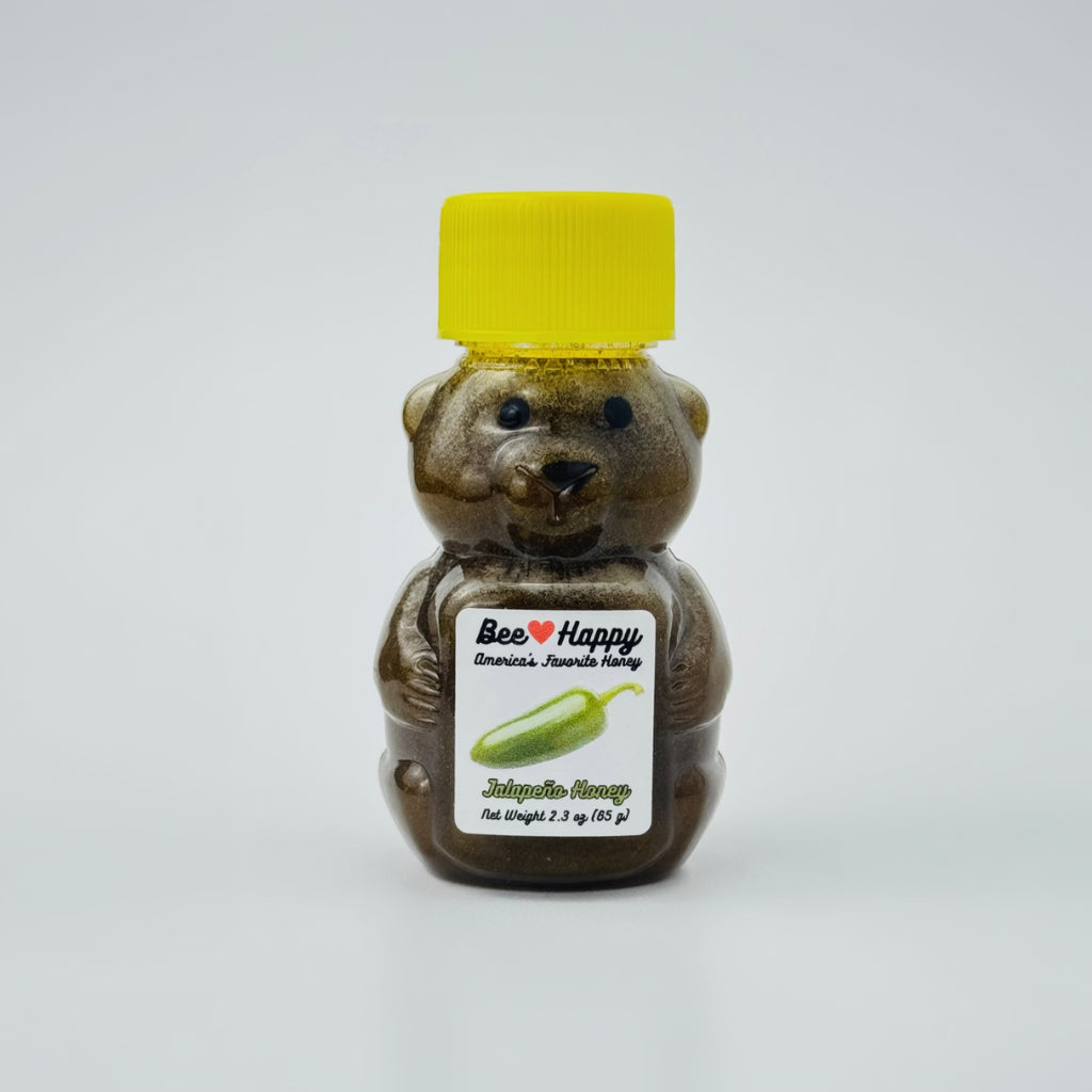 2.3 oz bear bottle of Jalapeño Honey against a white background