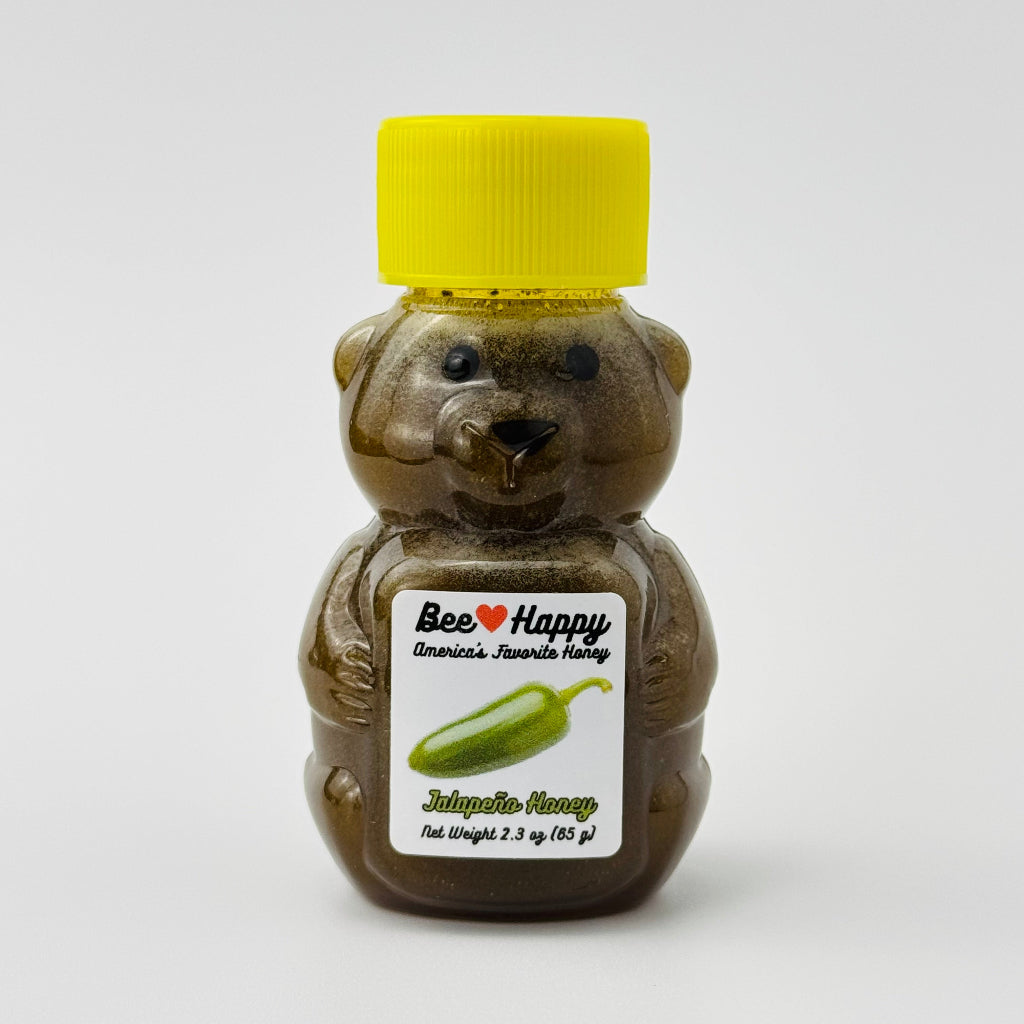 2.3 oz bear bottle of Jalapeño Honey against a white background