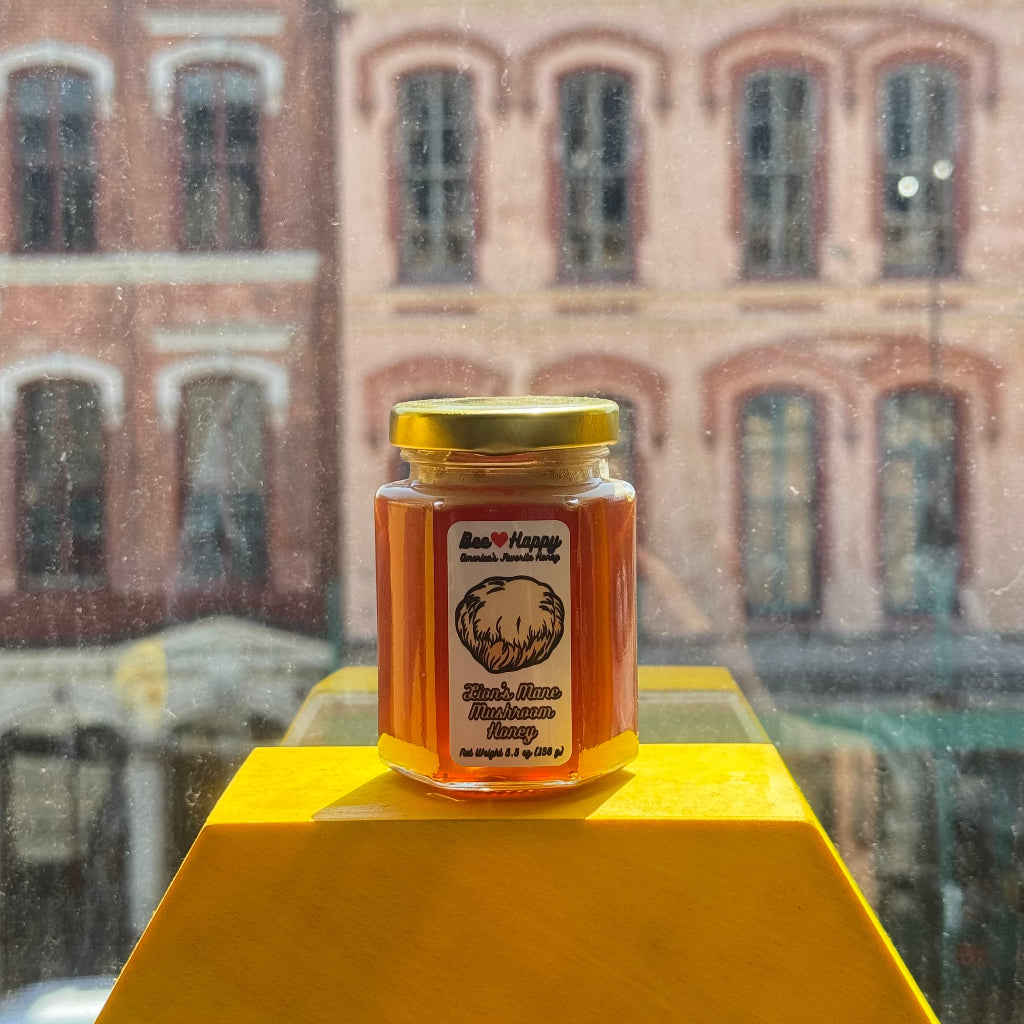 5.5 oz jar of Lion's Mane Mushroom Honey on a yellow hexagon display with a window overlooking a building in the back
