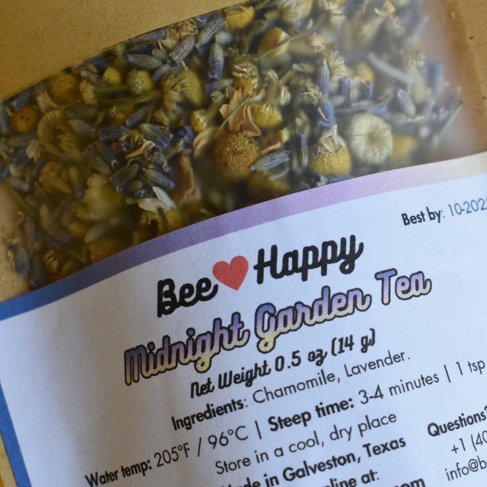 Close-up of a bag of Midnight Garden Tea 0.5 oz