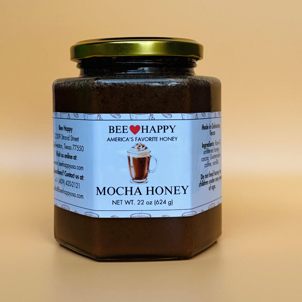 22 oz jar of Bee Happy Mocha Honey with an orange background.
